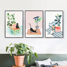 Pintura moderna em tela, gato siamês perto da planta verde, arte de parede, pôster e impressão para quarto de crianças, decoração de casa sem moldura 2024 - compre barato