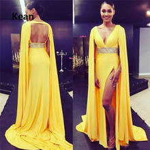 Yellow Evening Dress V-neck Jacket Slit Backless Bead Belt Robe De Soiree Islamic Dubai Kaftan Saudi Arabic  Evening Prom Dress 2024 - buy cheap