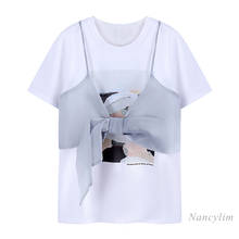 Printed Mesh Stitching Bow Short Sleeve T-shirt Women's 2021 Summer Korean Style Loose White Tops Tees Nancylim 2024 - buy cheap