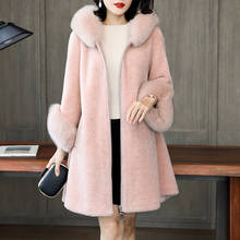 Casaco de inverno feminino com capuz, jaqueta feminina de pele de raposa natural coreana 2020 verdadeira para mulheres, casaco longo de tosa de ovelhas 100% lã 2024 - compre barato