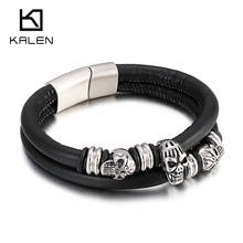 Kalen pulseira de couro masculino aço inoxidável crânio charme pulseira 2024 - compre barato