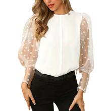 Женская сетчатая блузка с рукавами-фонариками, однотонная Свободная рубашка в горошек с круглым вырезом, F42F 2024 - купить недорого