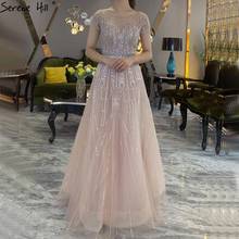 Pink A-Line Luxury Beading Sparkle Long Evening Dresses 2020 O-Neck Cap Sleeves Formal Gown Serene Hill BLA70580 2024 - buy cheap