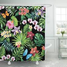 Cortina de ducha con gancho, conjunto de tela impermeable de 60x72 pulgadas, con hojas de palma, Tropical, flores y mariposas, color verde 2024 - compra barato