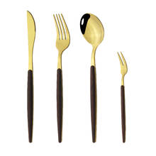 Dinnerware Set With Wooden Handle 4Pcs Gold Flatware Cutlery Set Coffee Spoon Dinner Knife Fish Fork Silverware Tableware Set 2024 - buy cheap