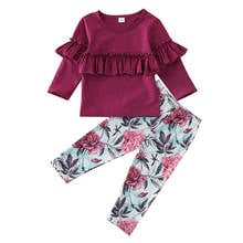 Pudcoco niño chico volante para niña pequeña camiseta superior + Pantalones florales pantalones ropa conjunto otoño primavera manga larga conjuntos encantadores 1-5Y 2024 - compra barato