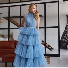 Elegant Prom Dress 2021 A-Line 3 Layers Blue Tulle Sleeveless Halter With Sash Women Formal Evening Dress Graceful Backless 2024 - buy cheap