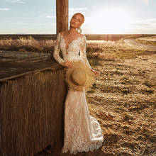 Vestido De boda De sirena De manga larga, elegante vestido De Mariee Sirene, marfil, con cuentas De encaje, Rosa, con forro De trompeta 2024 - compra barato