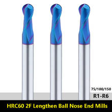 Fresa de extremo de punta de bola, accesorio con recubrimiento de flauta azul Nano tungsteno, 75, 100, 150 de largo, HRC60 2024 - compra barato