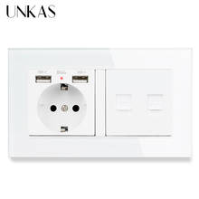 UNKAS Luxury Glass Panel EU Wall Socket Dual USB Charge Port Hidden Soft LED + RJ11 Telephone And RJ45 Internet Computer Outlet 2024 - buy cheap