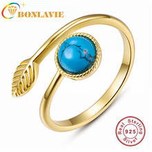 Bonlavie anel 925 prata 14k ouro joia 6mm redondo turquesa folha aberto para mulheres anel de casamento aniversário 2024 - compre barato