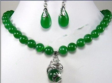 Joias lindas 10mm verde jade brinco de pingente de dragão conjunto de colar 2024 - compre barato