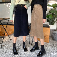 High Waist Midi Corduroy Side Slit Skirt Women A-line Loose Streetwear Skirts Female Pockets Denim Skirts 2022 Autumn Winter 2024 - buy cheap
