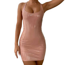 Sexy Women Spaghetti Strap Solid Color Wetlook PU Leather Zipper Bodycon Mini Dress Party Clubwear Dress New 2024 - buy cheap