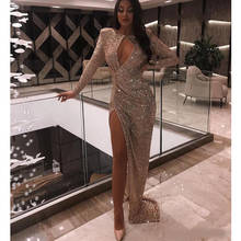 Sexy Silver Long Sleeve Mermadi Evening Dresses 2020 Sequined High Split Evening Gowns Formal Wear Evening Dress robe de soiree 2024 - buy cheap