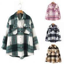 Women Long Sleeve Turn Down Collar Pocket Classic Plaid Button-up Shirt Coat 2024 - buy cheap