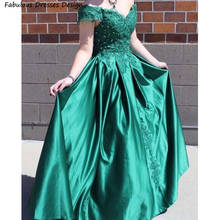 Green Off Shoulder Prom Dresses 2021 Long Applique Lace A Line Evening Dress Party Gown Lace Up Back Vestido De Festa 2024 - buy cheap