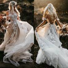 Vestidos de casamento floral apliques romântico 2021 país renda a linha robe de mariage sexy tule boho vestidos de noiva 2024 - compre barato