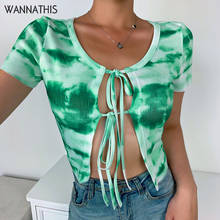 WannaThis Short Sleeve Tie-dye Crop Top Women Front Bandage Sexy Hollow Out Lace up Tank Top O-Neck Lace up Cropped Shirts New 2024 - buy cheap