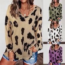 Women Stylish V Neck Long Sleeve Leopard Print Loose Blouse T-shirt Pullover 2024 - buy cheap