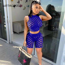2021 Summer Tracksuits Sexy Blue Hole Mesh Shorts And Top Sets Women Backless Two Piece Suits Plus Size Female Outfits Clothing 2024 - buy cheap
