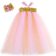Розовое и Золотое Платье-пачка с повязкой на голову; детское праздничное платье для дня рождения; Детские платья из тюля с цветочным рисунком для девочек; свадебное платье 2024 - купить недорого