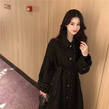2020 Women Winter Elegant Black Super Long Woolen Coat Jacket Single Breasted High Waist Sashes A-line Wool Overcoat Cloak 2024 - buy cheap