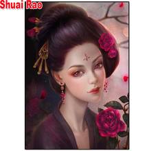 Full Square Round Diamond painting Ancient oriental woman geisha rose girl mosaic Diamond Embroidery rhinestones art pictures 2024 - buy cheap