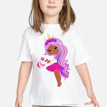 Camiseta infantil estilo verão, camisa estampada de pele marrom, melanina em arco-íris, padrão de unicórnio, kawaii, camiseta para meninas, tops brancos 2024 - compre barato