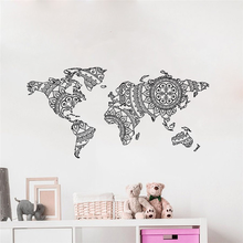 Mapa mundi de mandala, adesivo para parede, decoração para quarto, yoga, arte em vinil, decalque de parede moderno, estilo boho, decoração de casa, mural 2024 - compre barato