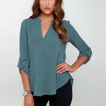 New Spring summer Solid Folded Sleeve Shirt Loose Plus Size 5XL Long Sleeve Chiffon blouses Tops Women Sexy V Neck Casual Blouse 2024 - buy cheap