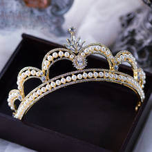 Hermosas coronas de perlas doradas para novia, Tiara, diadema, tocado de Reina, accesorios para el cabello de boda 2024 - compra barato