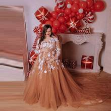 Newest Champagne Tulle Appliques Maternity Dress Pretty White Flowers Pregnancy Dresses Floor Length Long Sleeves Bridal Gowns 2024 - buy cheap