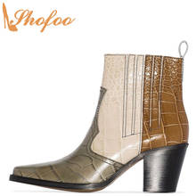 Botas de três cores estampa de crocodilo, saltos altos e rechonchudos, bico quadrado, botas femininas, tamanho grande 13, 16, sapatos de moda feminina 2024 - compre barato