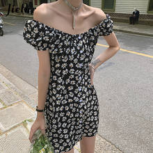 Jielur-vestido Floral de margaritas pequeñas para mujer, vestidos negros Retro con abertura en la cintura y cuello de barco, moda coreana informal, S-L de verano 2021 2024 - compra barato