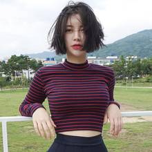 Осень 2020 Сексуальная полосатая короткая футболка Женская Корейская футболка с длинным рукавом тонкие женские укороченные футболки женская одежда 2024 - купить недорого