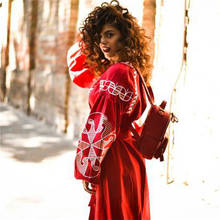 Женское длинное платье-туника в этническом стиле, винтажная хлопково-Льняная свободная красная рубашка-фонарик с вышивкой в стиле бохо, повседневная одежда 2021 2024 - купить недорого
