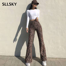 Sllsky-Pantalones con estampado de leopardo, pantalón de cintura alta, Micro acampanado, aspecto femenino, delgado y largo hasta la pierna, informal, drapeado, combina con todo 2024 - compra barato