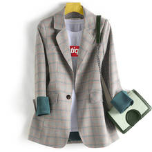 Junelove blazer feminino de manga comprida, blazer vintage e elegante de escritório, casaco xadrez casual 2024 - compre barato