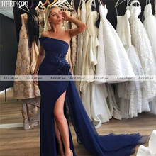 Charming alta fenda azul marinho longo árabe vestido de noite sem alças sem encosto cristal especial ocasião vestidos femininos plus size 2024 - compre barato