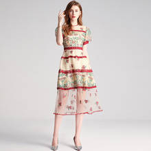 JSXDHK элегантное женское летнее праздничное платье миди, новые модные женские сетчатые Лоскутные кружевные винтажные модельные платья с цветочной вышивкой 2024 - купить недорого