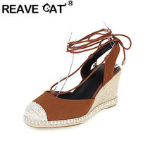 REAVE CAT 2021 Leisure Cap Toe Sandals Suede Slingbacks Roman Shoes Ankle Cross Strap Rattan Wedges 7.5cm Size 30-44 Brown A4169 2024 - buy cheap