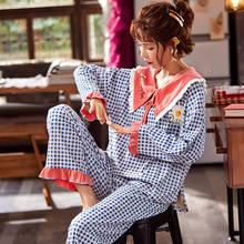 Autumn Knitted 100% Cotton Plaid Pajamas Set Women Pyjamas Sleepwear Nightwear Pijamas Mujer Big Size M-XXL Long Pants Homewear 2024 - buy cheap