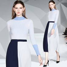 Trytree Autumn Winter Women Casual Two piece Set Turtleneck Stripe Belt Tops + Skirt Pleated Spliced Office Lady 2 Piece Set 2024 - buy cheap