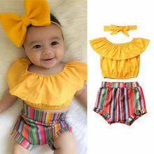 Sweet Toddler Kid Baby Girl Clothes Sets 1-6Y Ruffle Top Striped Shorts Headband Summer Outfit Clothes 2024 - купить недорого