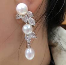 natural white freshwater pearl micro inlay zircon leaf drop earrings 2024 - buy cheap