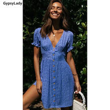 GypsyLady Blue Summer Boho Mini Dress Women Beach Floral Dress Short Sleeve Button Front V-neck Women Holiday Sexy Dresses 2024 - buy cheap