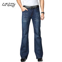 Calça jeans masculina de cintura alta, elástica, solta, boca larga, design clássico, calça azul escuro 2024 - compre barato