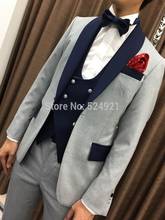 Groomsmen Light Grey Groom Tuxedos Shawl Navy Blue Lapel Men Suits Wedding Best Man 3 Pieces ( Jacket+Pants+Vest+Tie ) C869 2024 - buy cheap