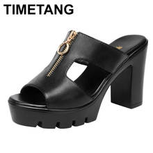 TIMETANG Plus Size 32-43 High Heels Slippers Women Platform Shoes Summer 2021 Block Heel Leather Slides Ladies Office Slippers 2024 - buy cheap